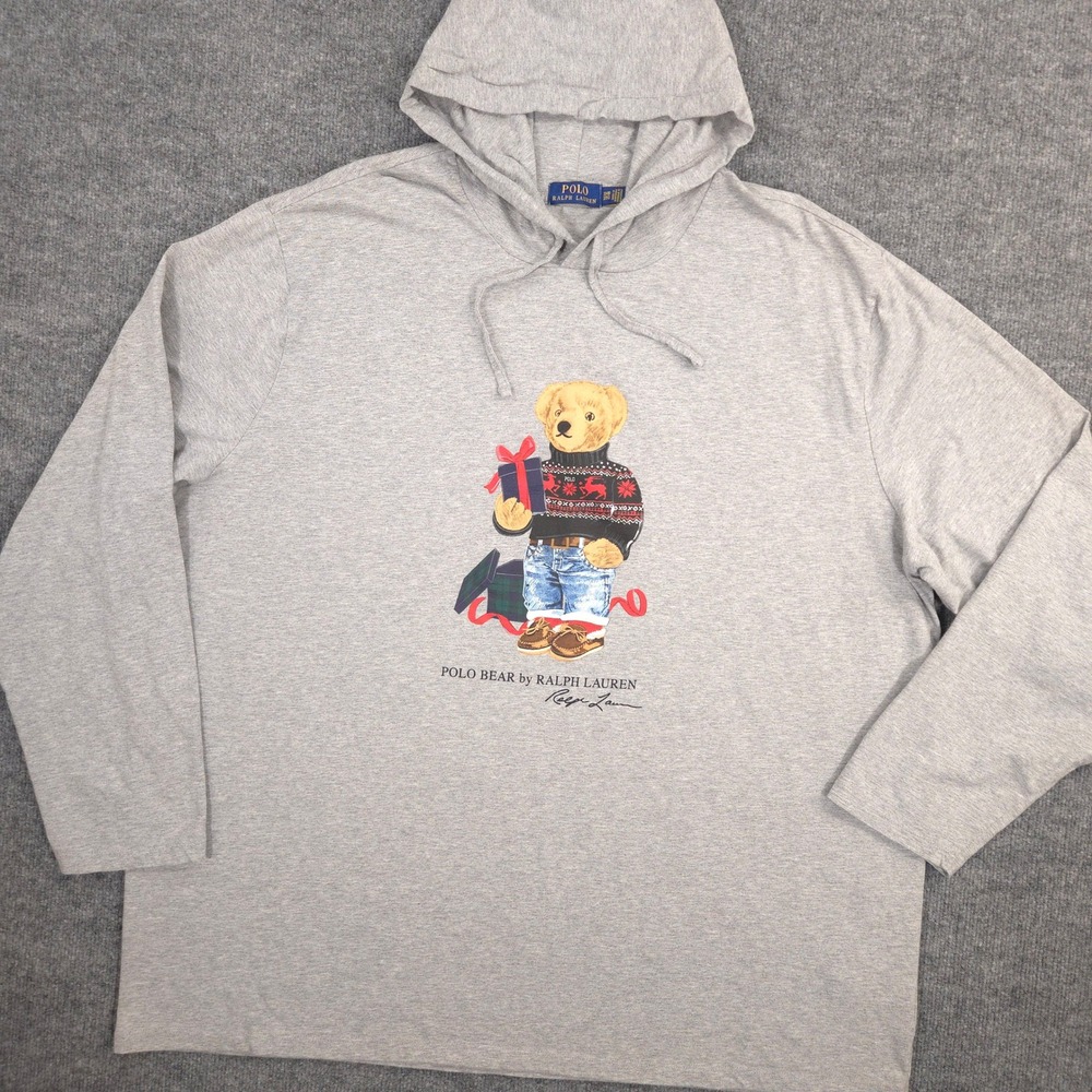 Polo Ralph Lauren Hoodie Shirt Mens 3XB Gray Heather Holiday Polo Bear Preppy